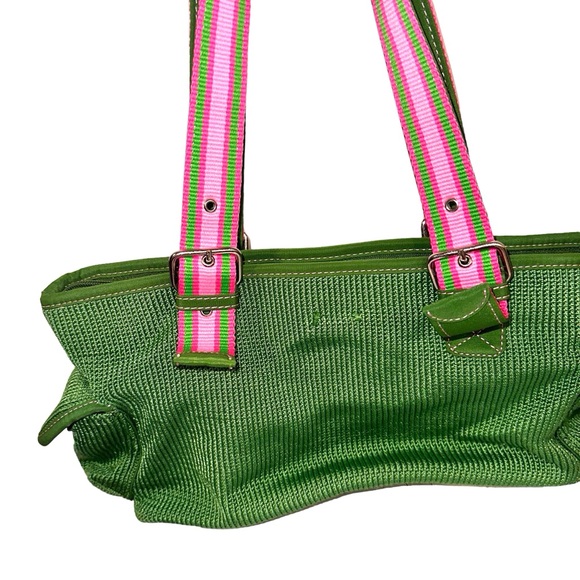 The SAK Belinda Satchel Kelly Green Knit Bag Pink Trim Canvas Straps Buckles - Picture 2 of 12